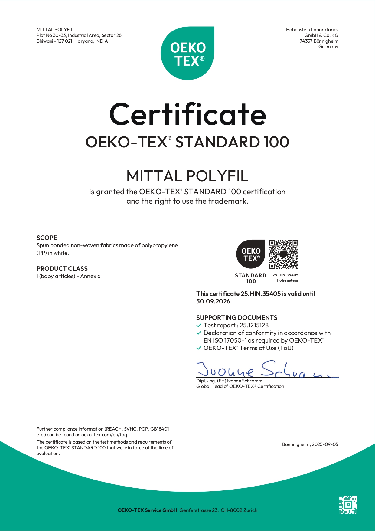 OEKO-TEX Standard 100 Certificate